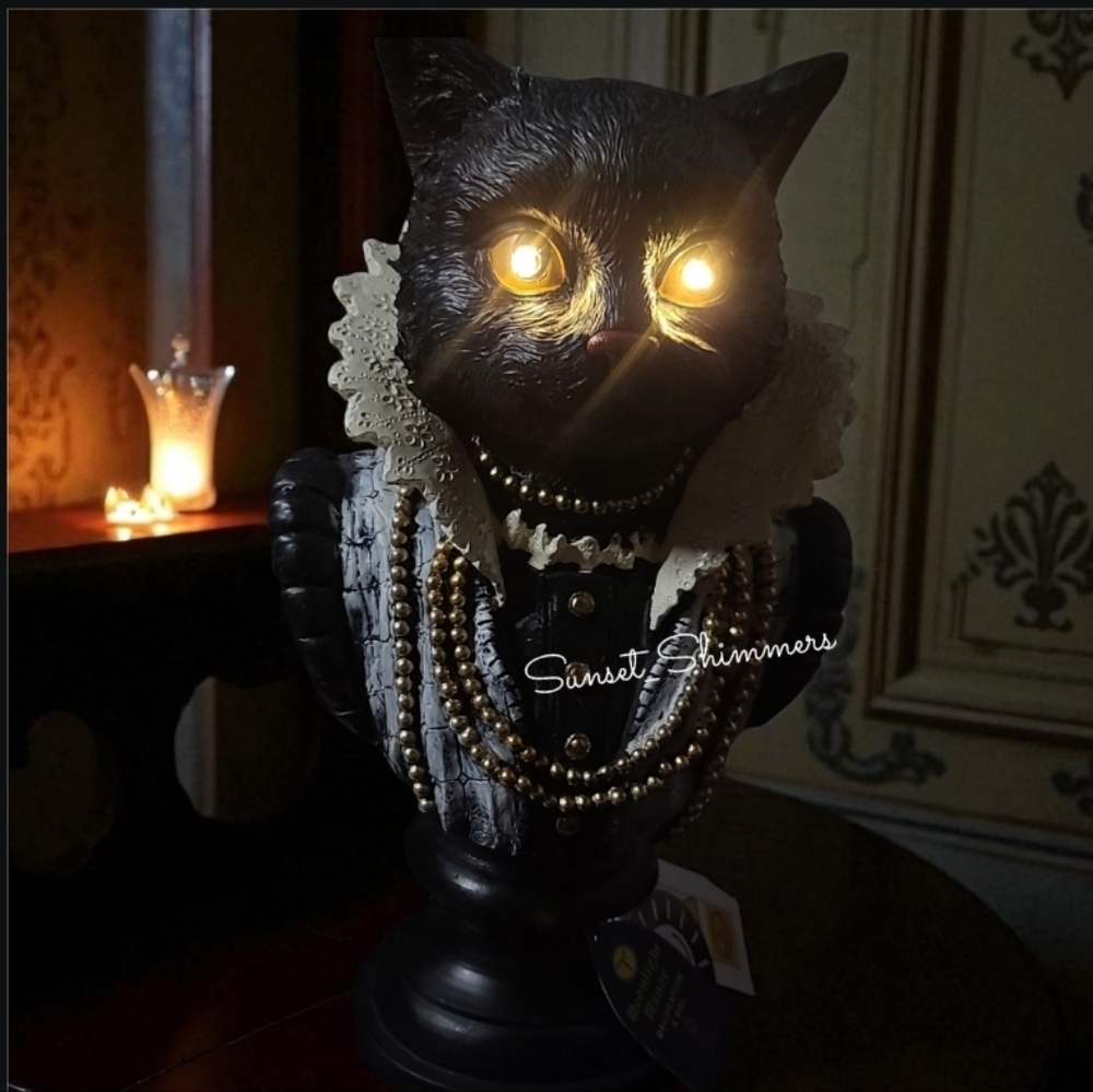 Vintage Style Halloween Ornate Lighted Gothic Black Cat Salem Witch Bust figure - Picture 5 of 8